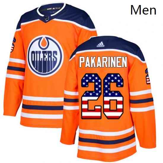 Mens Adidas Edmonton Oilers 26 Iiro Pakarinen Authentic Orange USA Flag Fashion NHL Jersey